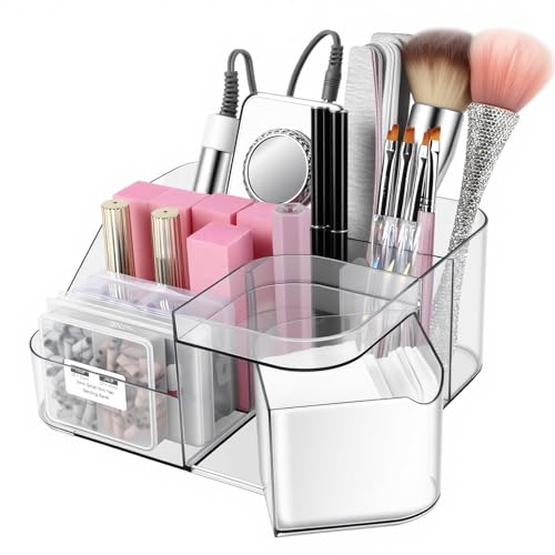 BQAN Transparent Acrylic Nail Desk Organizer, Drill & Brush Holder, Professional Storage Box for Nail Tools, Makeup, Eyeshadows, Skin Care