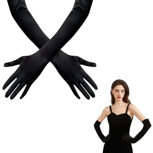 Fogcosy 1 Pairs Black Gloves Costume Gloves Long Elegant Womens Satin Glove Long Opera Glove Women Formal for 1920s Satin Wedding Bridal Princess Dress For Women