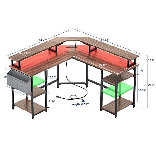 Aheaplus L Shaped Gaming Desk With Power Outlets & Led Lights, L- Shaped Desk Computer Corner Desk With Monitor Stand And Storage Shelf, Home Office Desk Writing Desk With Storage Bag, Espresso #TOP6