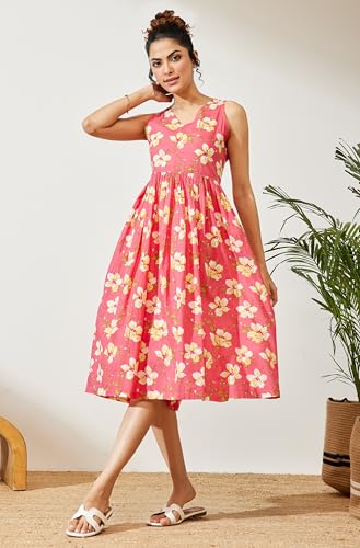 Image of Janasya Women's Pink Pure Cotton Floral Printed A-line Dress