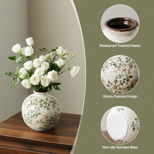 Image of Ceramic Flower Vase | Farmhouse Green Rustic Vase for Home Decor, Vintage Floral Pottery Tuscan Round Vase for Living Room & Kitchen, Mantel & Bookshelf, Centerpieces, Entryway, Wedding(5.9 Inch)
