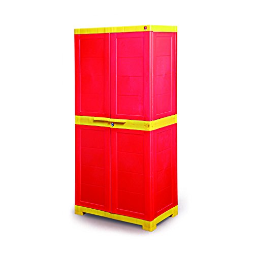 Image of Cello Novelty Big Plastic Cabinet with Dustproof Doors| 3 Year Warranty | Almirah, Cupboard, Wardrobe for Home, Living Room, Bedroom, Kitchen, Office, Outdoor| Red & Yellow Colour