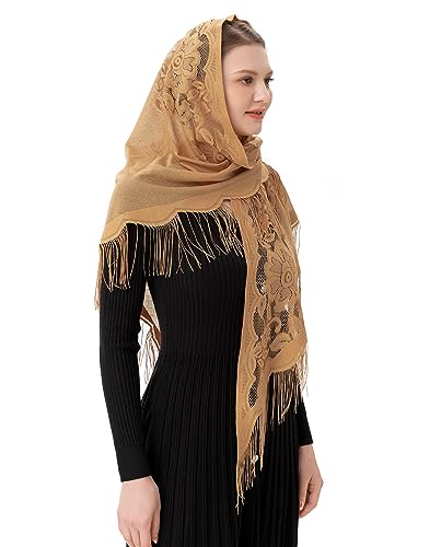 PAMOR Triangle Catholic Church Veil Chapel Veil Scarf Mantilla Veils Wrap Shawl Mass Head Covering with Fringe Trim (Beige)
