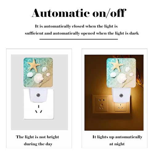 Image of Starfish and Seashell On Beach Night Light,Plug Into Wall Decor for Stairway,Hallway,Kitchen,Dusk to Dawn Sensor Nightlights for Boys /Girls /Women /Men Room Gifts