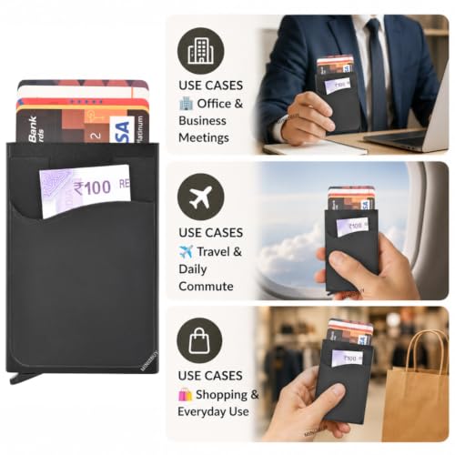 Image of Mini2buy Slim Card Holder for Men Durable Pocket for Cash, Credit, Debit, ATM Cards RFID Blocking Metal Pop-up Wallet, Holds 10-12 Cards Plus Cash in One Holder (Pocket Black)