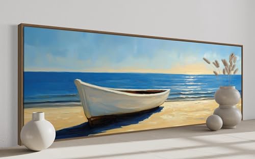 Barque sur la plage tableau panoramique pour décoration au-dessus du lit