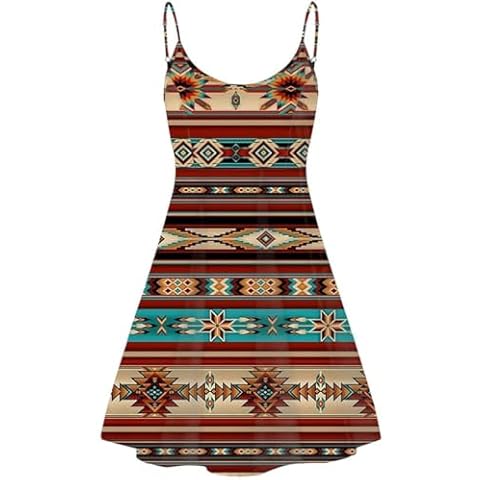 Frestree Southwestern Native Navajo Aztec Print Dresses Women's Girl's Casual Swing Dress Midi Sumemr Sleeveless Sundress for Beach Party Cover