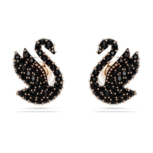 Swarovski Kolczyki zapinane na sztyft Swan, Kryształowa Perła, Łabędź, Czarne, Powłoka w odcieniu różowego złota