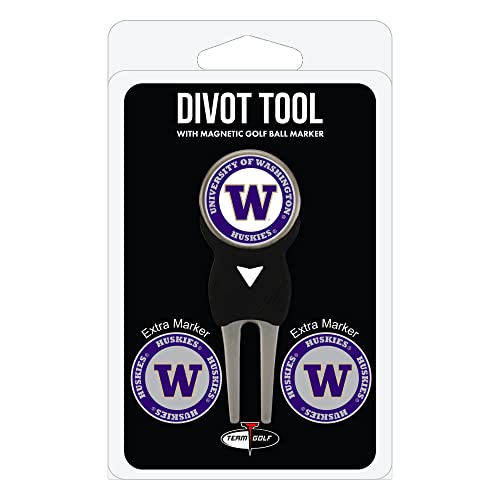Team Golf NCAA Washington Huskies Divot Tool Pack With 3 Golf Ball Markers Divot Tool with 3 Golf Ball Markers Pack, Markers are Removable Magnetic Double-Sided Enamel