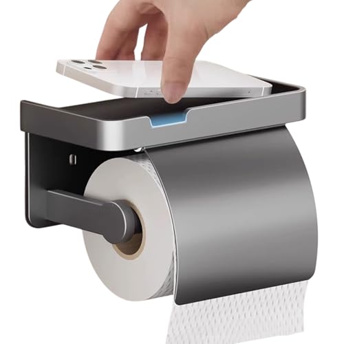 Soporte para papel higiénico, 17,5 cm, dispensador montado en la pared, recogedor de papel higiénico con cubierta impermeable y estante para teléfono celular, almacenamiento de baño para baño, inodoro
