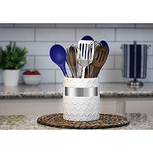 Home Acre Designs Kitchen Utensil Holder - Large Ceramic Farmhouse Countertop Crock, White/Silver #TOP6