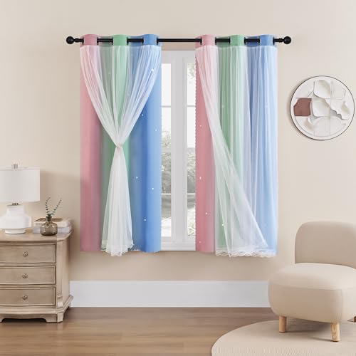 Image of XiDi Curtains for Bedroom Decor, Rainbow Pink GreenBlue34 /54 /1