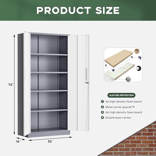 Image of Greenvelly Metal Storage Cabinet, 72 inch Locking Metal Garage Storage Cabinet with Doors and 4 Adjustable Shelves, Lockable Steel Cabinet for Home Office, Garage, Shop, School (White Grey 32 inch W x 16 inch D)