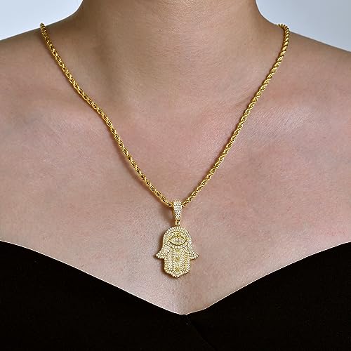 18K or White Real Gold Plated Evil Eye Hamsa Hand Pendant Necklace Iced Out Good Luck Protection Fatima Pendants Chain for Men Women(Custom Box and Pouch Packing)4