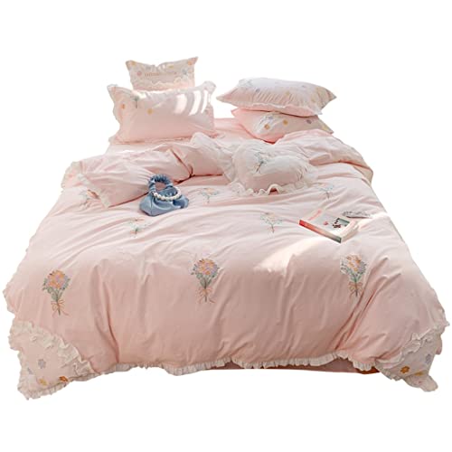 LEIGE Juego de Cuatro Piezas con Bordado de Flores de algodón Lavado de algodón Estilo Princesa, Funda nórdica de algodón con Volantes Coreanos, Ropa de Cama Suave