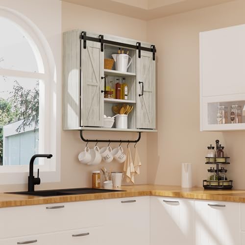 Rustic Wood Wall Storage Cabinet with Two Sliding Barn Door,