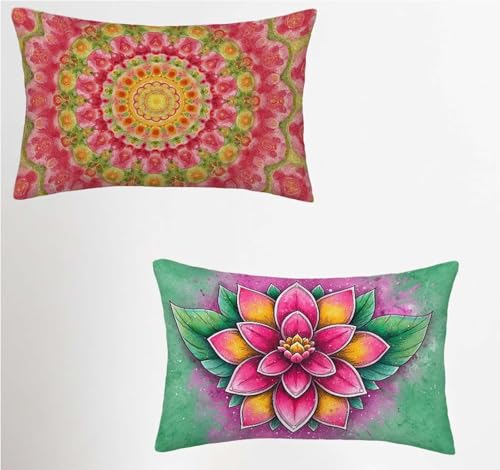 Pink Outdoor Pillow Covers 12x20 Set of 2, Bohemia Rectangle Throw Pillow Covers 12x20in with Hidden Zipper, Waterproof Linen Cushion Covers, Pillowcases for Bed Room Decor, Gifts for Women J-7542