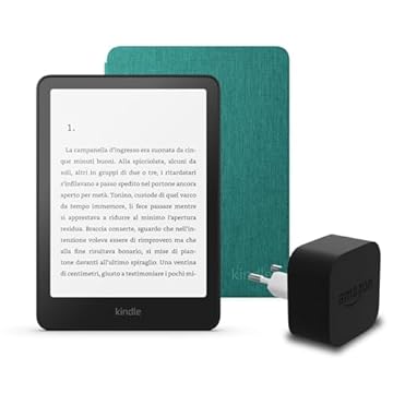 I'ultimo Kindle Paperwhite (versione 2024) da 16 GB senza pubblicità, una copertura in tessuto Amazon e un alimentatore Amazon Powerfast da 9 W.