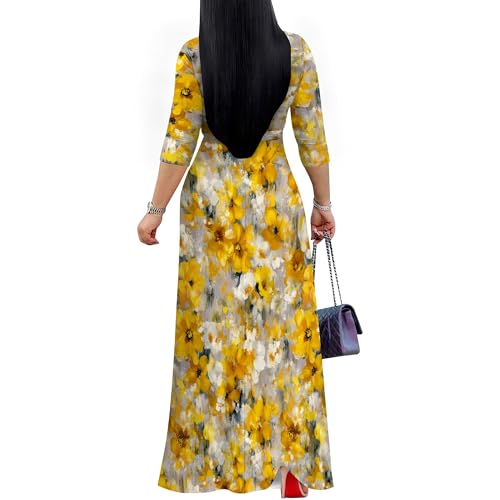 Image of Plus Size Dresses for Women Floral Print Maxi Dress Flowy 3 /4 Sleeve with Belt