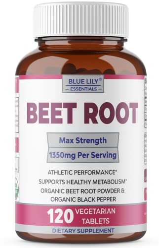 Blue Lily Organic Beet Root Powder (120 Tablets) 1350mg Beets Per Serving with Black Pepper for Extra Absorption - Nitric Oxide Boost for Athletic Performance. Supports Healthy Blood Pressure