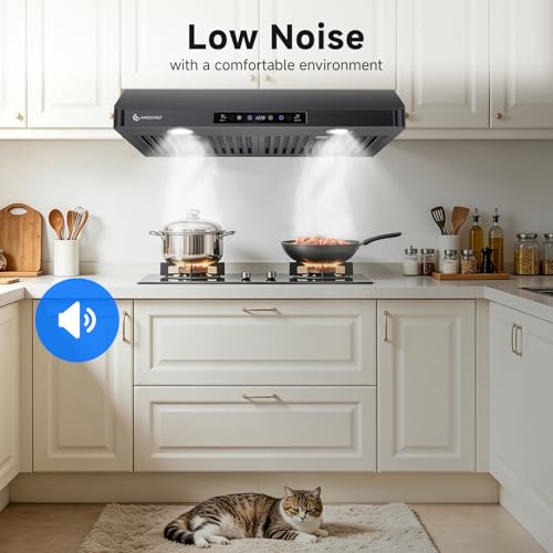 Image of AMZCHEF 30 inch Under-Cabinet Range Hood, 750 CFM Black Kitchen Vent | Stainless Steel hood with Touch /Remote /Gesture Control, timer, LED lights & dishwasher-safe baffle filters 3 outlets