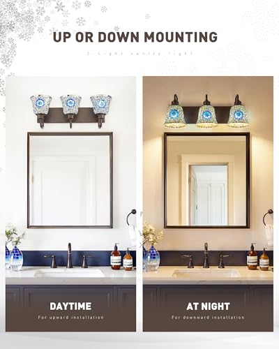 Image of zeyu Bathroom Light Fixtures, 3-Light Bathroom Vanity Light, 22 Inch Modern Wall Sconces with Blue Mosaic Glass, Oil Rubbed Bronze Finish, ZSL72B-3W ORB-BL