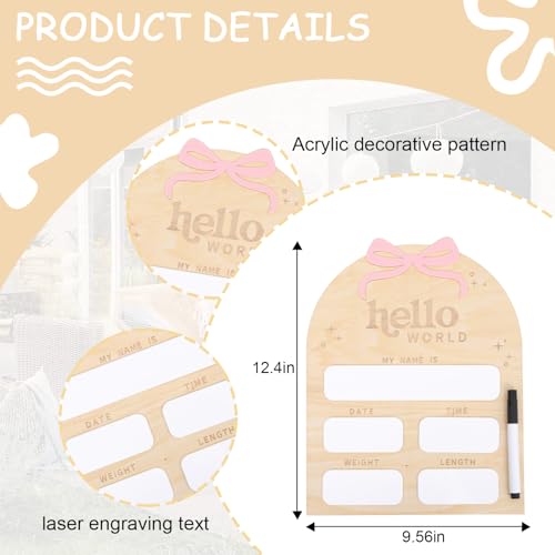 Image of Bow Baby Birth Announcement Sign-Wooden Milestone Card, Hello World Sign, Nursery Decor, Birth Announcement Board, Decorative Photo Props Baby Shower, and Souvenirs