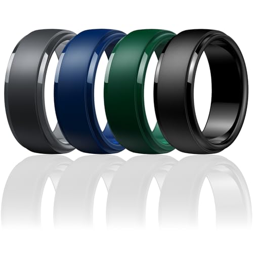 Image of Egnaro Men's Silicone Wedding Rings: Classic Black Step Edge Rubber band 10mm Wide 2.5mm Thick- Hypoallergenic for Gym /Outdoor /Gift(1 /4 /7 Variety Pack with Half Size)