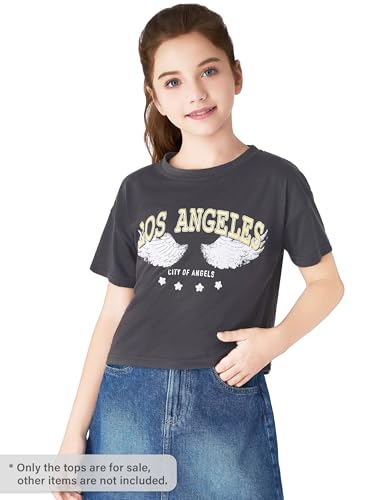 Image of Dvenki Girls Graphics Crop Short Sleeve Crewneck Tee Size 6-18 | soft cotton blend fabric, cropped short hem, fun graphic print, casual summer tops for school and vacation
