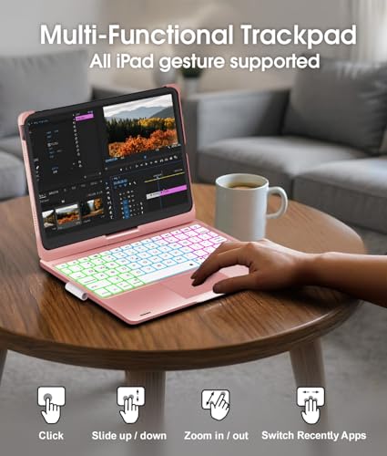Image of Baisla for iPad (A16) 11th /10th Gen Case with Keyboard,360 Rotating,Trackpad Keyboard for iPad Air 11(M4 /M3 /M2)&iPad Air 5th /4th /Pro 11 4th /3rd /2nd /1st,Rainbow Backlit with Pencil Holder-Metallic Pink