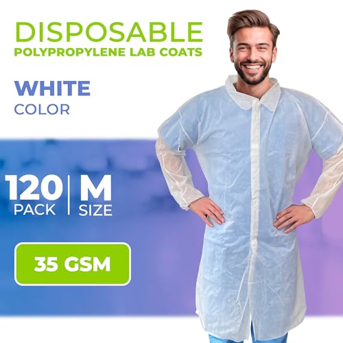 Image of AMZ Medical Supply White Disposable Lab Coat, Medium. 120 Pack 35 GSM Polypropylene Fabric Protective Coat. Knee-Length Disposable Lab Coats for Adults with Elastic Wrist, Loop Fasteners, No Pockets