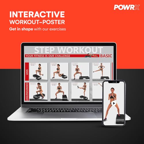 POWRX Profi Aerobic Steppbrett inkl. Workout I Fitness Stepper Stepbench Step höhenverstellbar I Maße: 89 x 34 cm I Höhe bis max. 25 cm verstellbar (Schwarz)