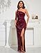 Women Elegant Evening Gowns, One Shoulder Sequin Formal Dresses, Red Slit Dress for Prom Weading (US, Numeric, 4, Regular, Regular, Red)