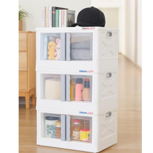 Image of URBAN LUXY Foldable Plastic Rack for Storage /Kitchen Cupboard /Sturdy Wardrobe for Clothes /Multipurpose Storage Organizer /Closet for Bedroom /Living Room /Laundry Room (White-Storage BIN - 2DOOR, 2PCS)