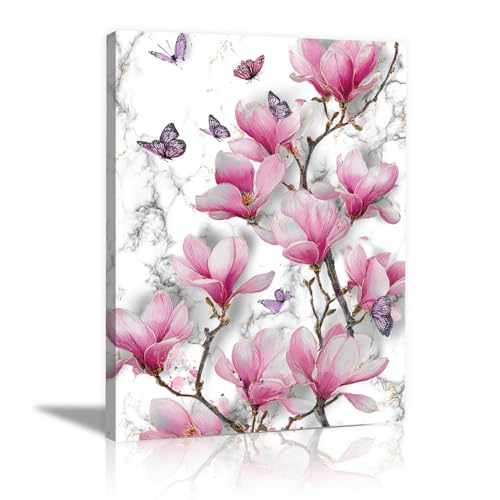 Décoration murale fleurs : tableau toile magnolia rose encadré 60x80cm
