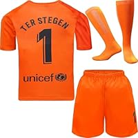 NIHMEX Barcelona TER Stegen Kinder Torwart Trikot Fußball #1, Neu Saison, Shorts Socken Torwarttrikot (Orange,24)