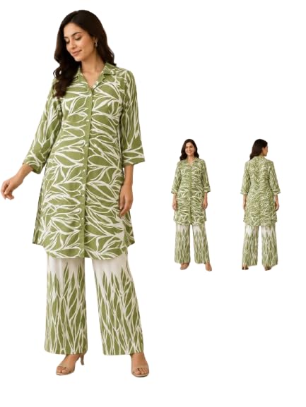 Women's Green Printed Coord Set, Longline Shirt with Palazzo Pants-image-26