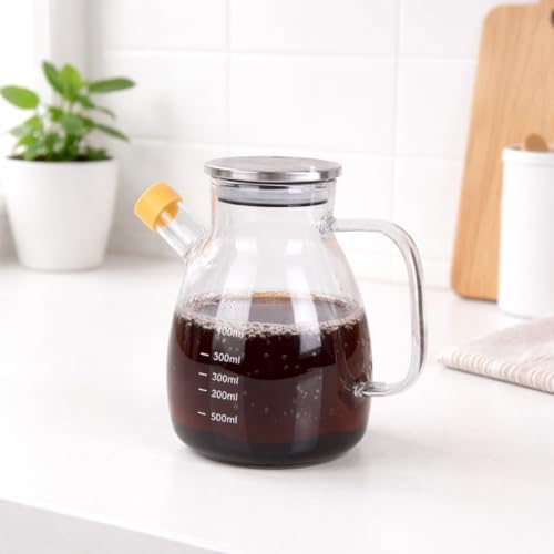 Eden & Willow Glass Olive Oil Bottle, Vinegar Cruet Bottle with Non-Drip Spout – Kitchen Cooking Oil Dispenser Drizzler with Stainless Steel Lid and Handle (550ml)