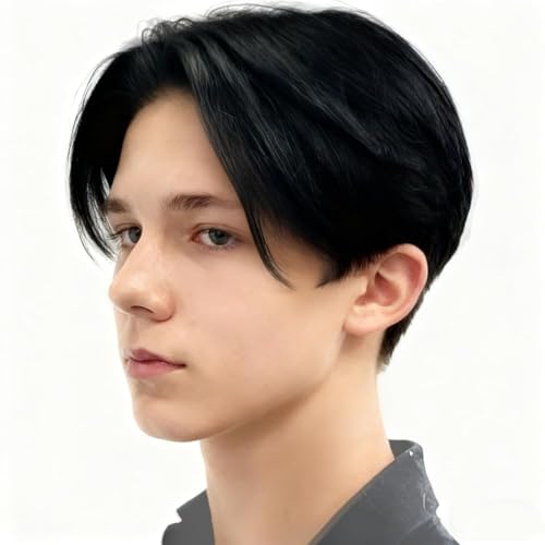 Image of Swiking Mens Black Short Wigs Middle Part Layered Fluffy Natural Synthetic Male Hair Wig Daily Halloween Wig(Black)