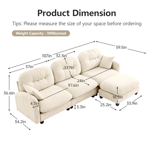 Image of KEIKI 107 inch L-Shaped Oversized Chenille Modular Sectional Sofa with 1 Ottoman, High-Density Foam Cushions, Tufted Pleated Cushion Backrest, Modern 3-Seater Couch with 2 Pillow, for Living Room, Beige