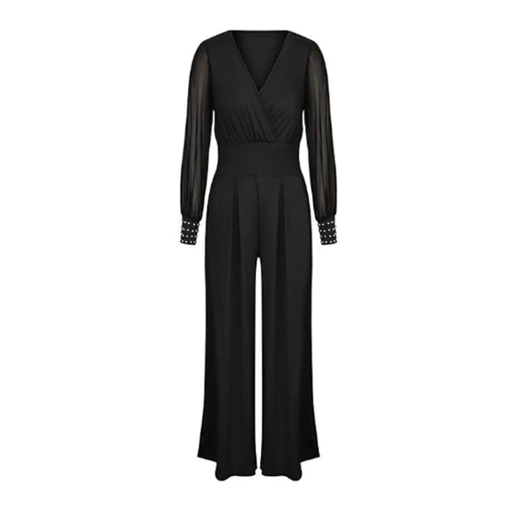 Femmes Sexy Élégant Col V Maille Rivets À Manches Longues Pantalon Droit Combinaison De Fête D'affaires