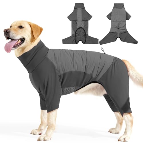 Image of BRKURLEG Full Body Dog Winter Coat Warm Fleece Pullover Pajamas, Four Legs Covered Windproof Dog Jacket for Small to Large Dogs, Turtleneck Dogs Snowsuit, Pet Cold Weather Clothes, Grey XL