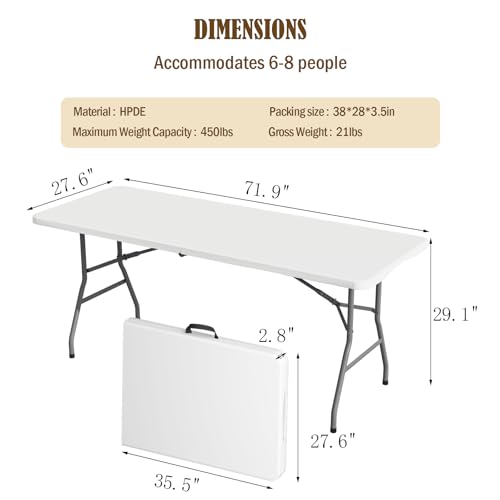 Linkriseed 6FT Folding Picnic Table for Outdoor, No Assembly Required Portable, White Foldable Table for Camping, Parties, with Carrying Handle (White, 1 Pack)