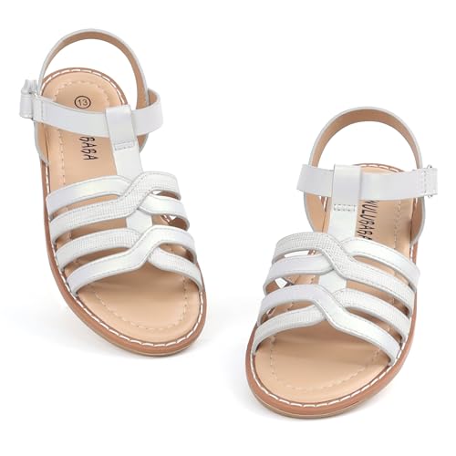 Wulubaba Girls Sandals Open Toe Summer Flat Shoes Gladiator Dress Sandals with Adjustable Strap for Toddler Little Kid/Big Kid Silver 10