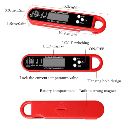 Meat Thermometer Digital,Instant Read Food Thermometer with Backlight LCD Screen, Waterproof Foldable Long Probe,Auto On/Off, Perfect for Kitchen Cooking,BBQ,Candy Making,BBQ (Red) - Image 3