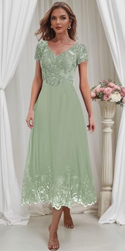 Tea Length Mother of The Bride Dresses for Women V Neck Lace Evening Formal Dress with Sleeves3