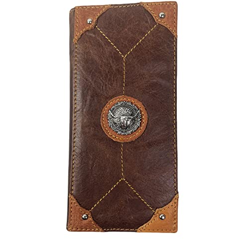 Urbalabs Western Cowboy Leather Long Wallets for Men Checkbook Tooled Wallet Cross Longhorn Floral Bifold Long Cowboys Billfold Hand Stitched Rodeo RFID Blocking Mens Long Wallet Rodeo Style Cowboy Up (Longhorn)