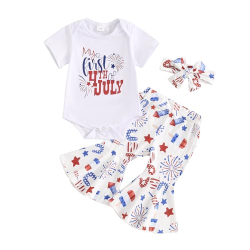 Rarjuiey Newborn Baby Girl Summer Outfits Western Farn Boho Outfit Ruffle Romper Top Bell Bottoms Headband Summer Clothes White Knit 6-12 Months