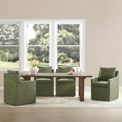 Image of KISLOT Upholstered Dining Chairs Set of 4 with Casters, Moss Green | Modern Rolling Dining Room Arm Chairs with Washable Cover, Hidden Storage Seat, Linen Look Fabric, Padded Kitchen Chairs