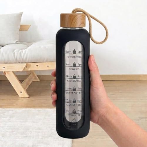 Image of Glass Water Bottle 1 Ltr with Silicone Sleeve, Borosilicate Glass, Leak-Proof Bamboo Lid, BPA-Free, Reusable, Time Marker for Gym, Office, Travel & Home (Black) (Black)